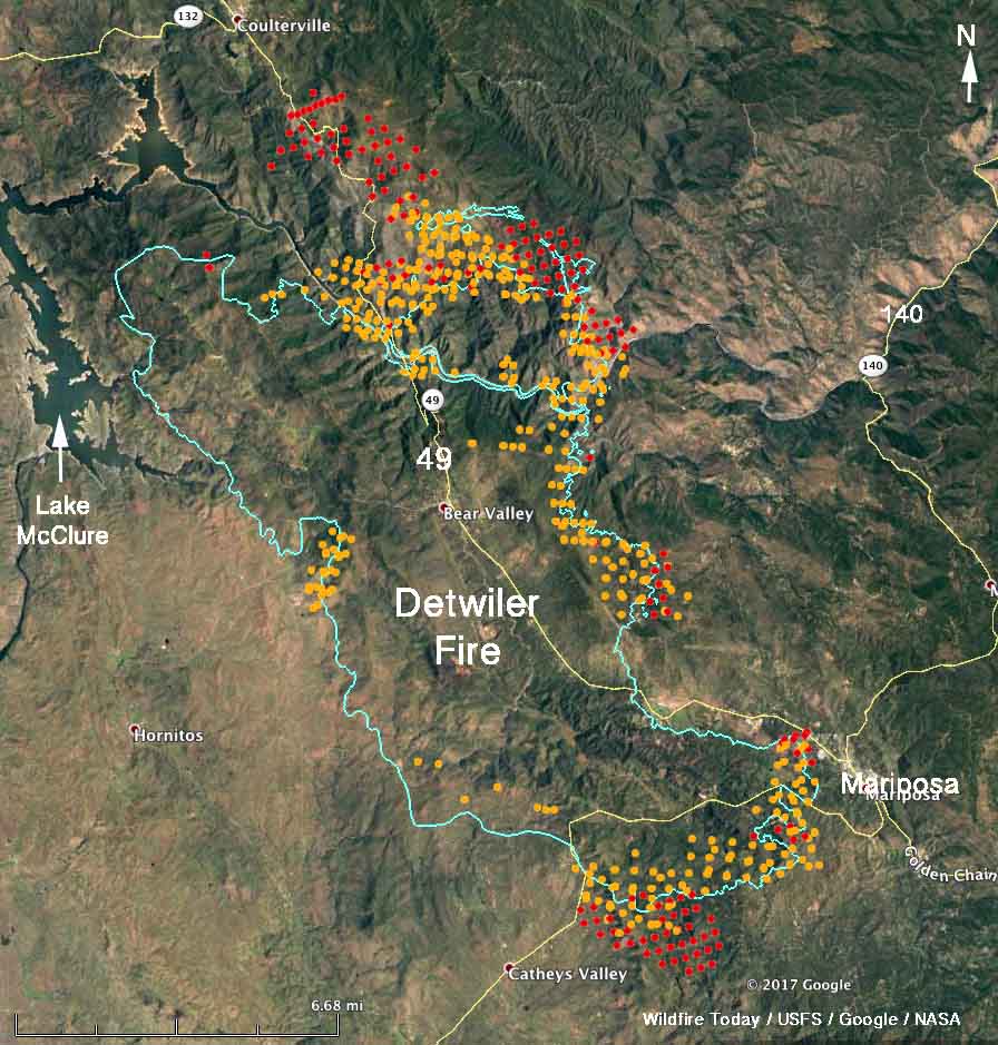 Updated map of Detwiler Fire near Mariposa, CA - Wednesday afternoon