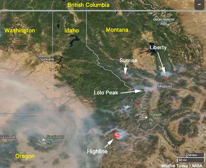 Updated satellite photo of wildfires in Western Montana and Northern