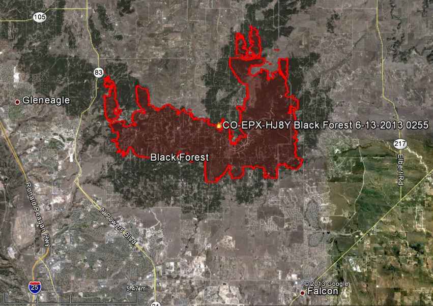 Map Of Black Forest Fire At 2 55 A M Mt June 13 13 Wildfire Today