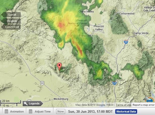 Radar at 5 pm MDT, June 30, 2013 The pointer is at Yarnell, Arizona.