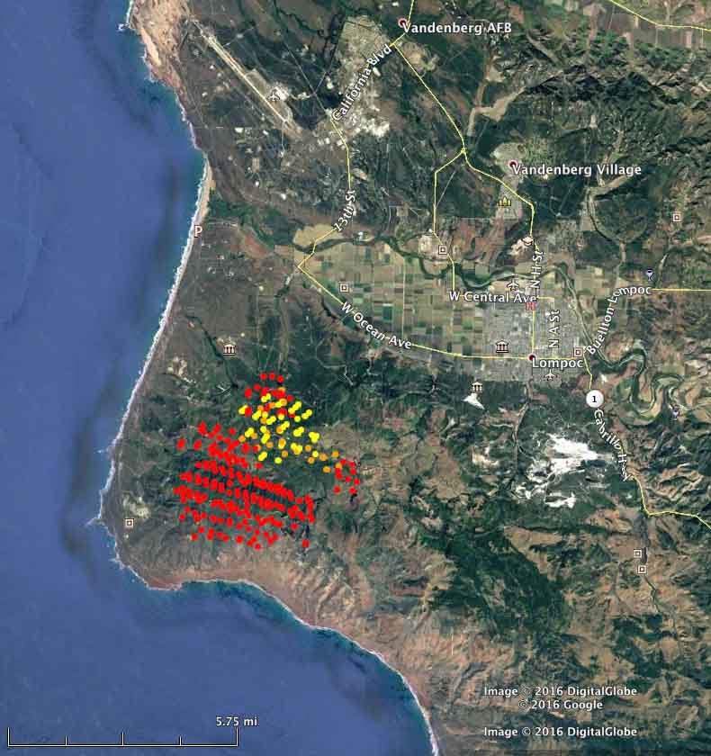 The red dots represent heat detected by a satellite over the Canyon Fire at 1:50 a.m. PDT September 19, 2016. The yellow dots were from 5:50 a.m. on Sept. 18. 