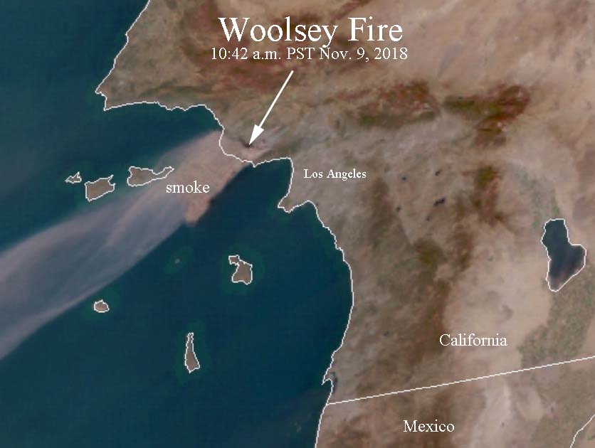 Satellite photo smoke Woolsey Fire