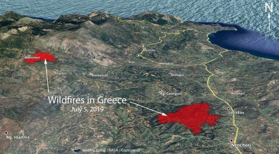 3-D map of two wildfires on the Greek Island of Evia. Data via Copernicus.