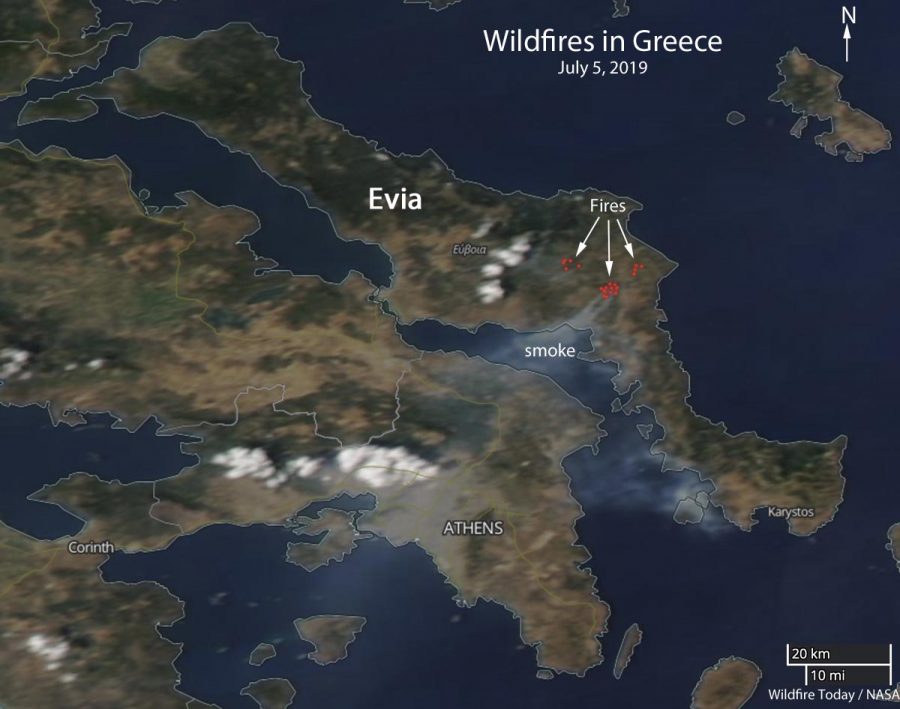 The red dots represent heat on the Greek island of Evia detected by a satellite, July 5, 2019.