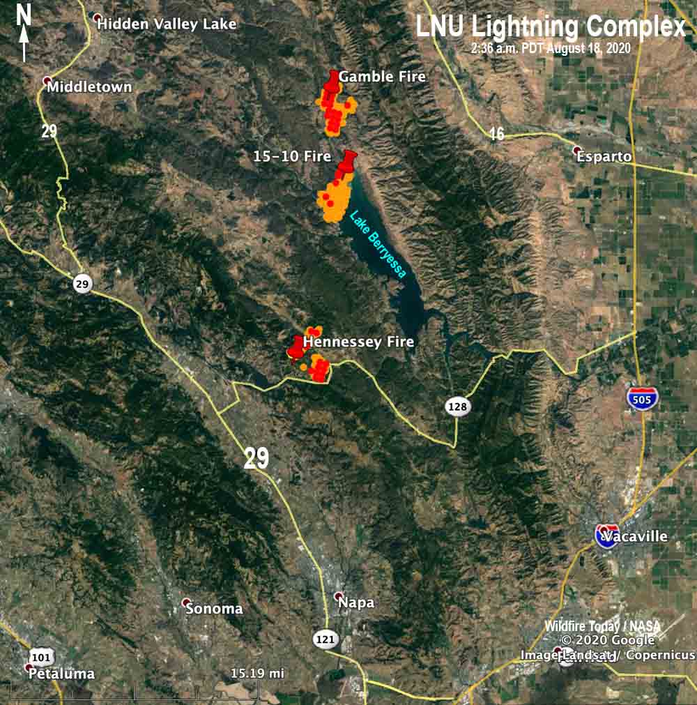 Several large fires burning north of Napa, CA in Lake Berryessa area ...