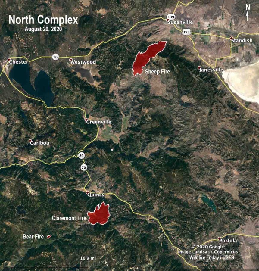 North Complex burns 16,000 acres near Susanville and Quincy, California ...