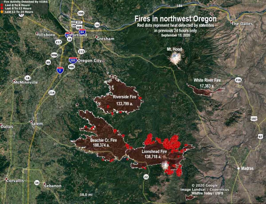 Map of fires in northwest Oregon, September 13, 2020 Wildfire Today