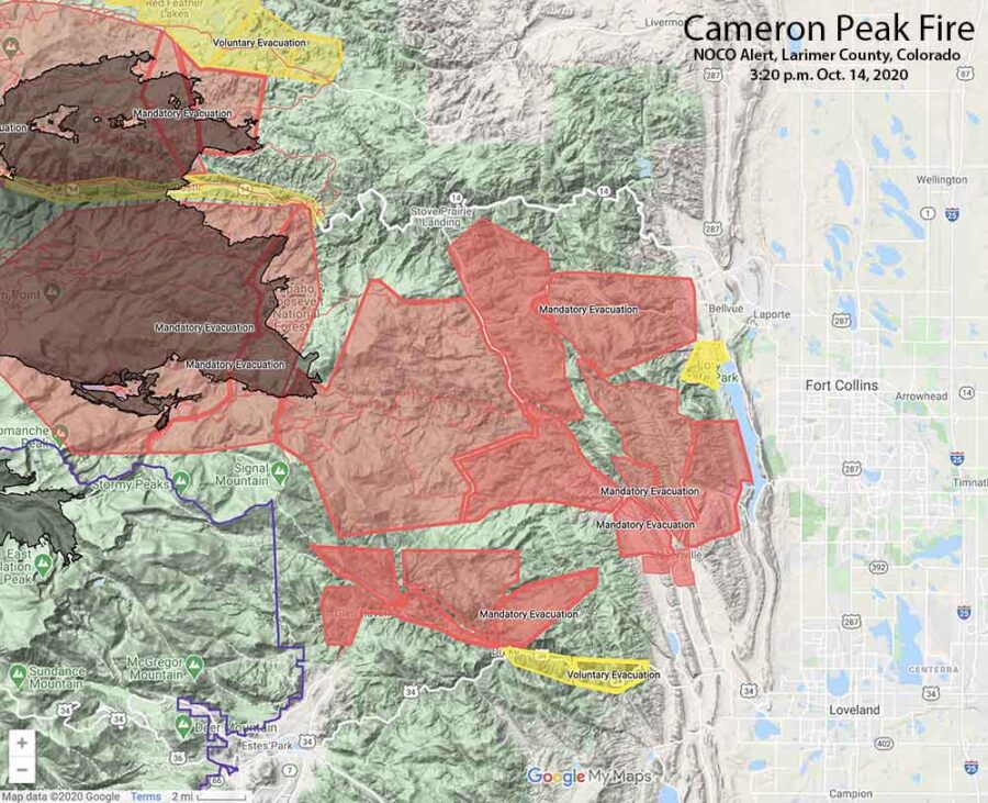 Map showing Cameron Peak evacuations 3:20 p.m. MDT, October 14, 2020