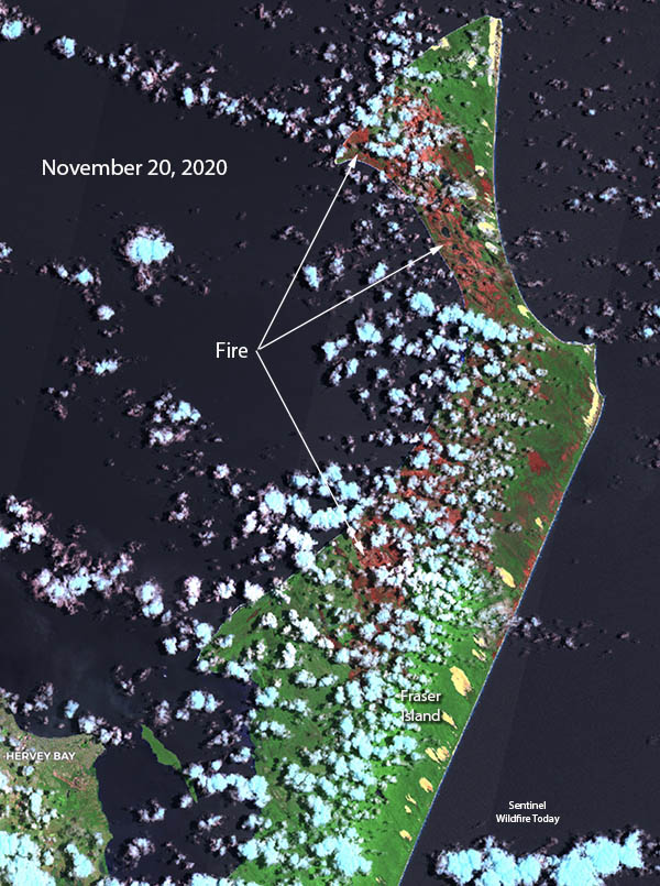 Satellite photo showing the fire on Fraser Island 