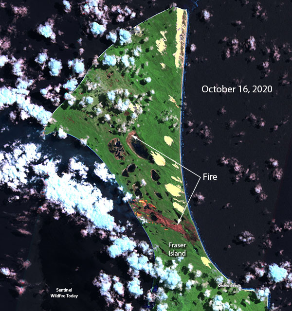 Satellite photo showing the fire on Fraser Island in Queensland, October 16, 2020