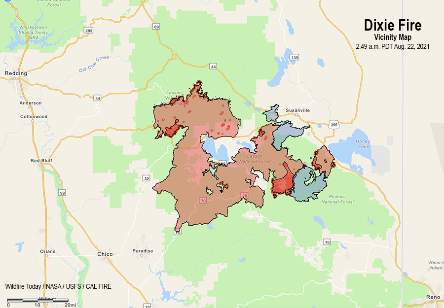 Carte des environs de Dixie Fire, 22 août 2021