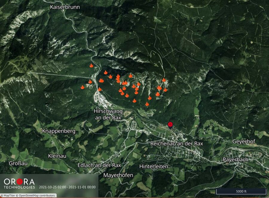  map wildfire in the Hirschwant region in Austria