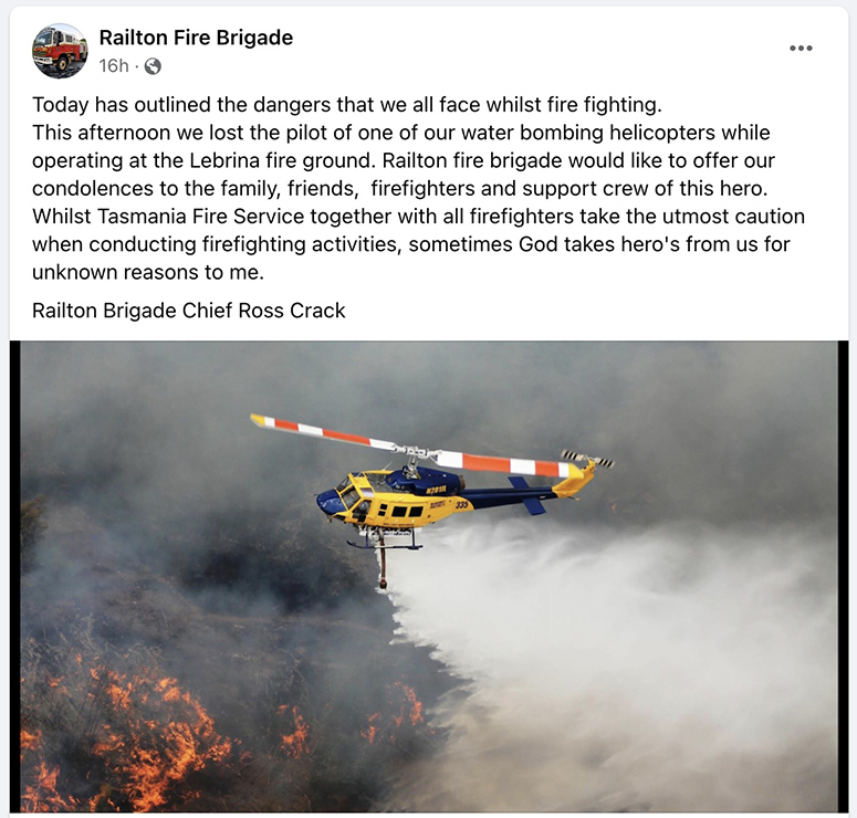 fire helicopter crash Tasmania
