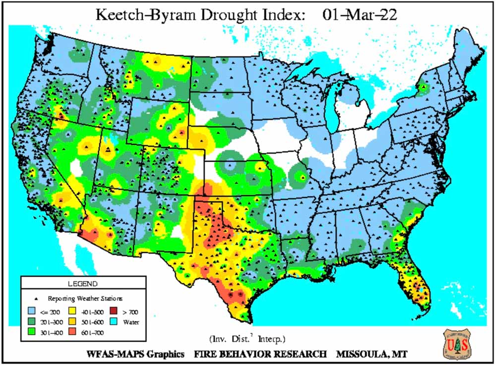 Keetch-Byram Drought Index, March 1, 2022