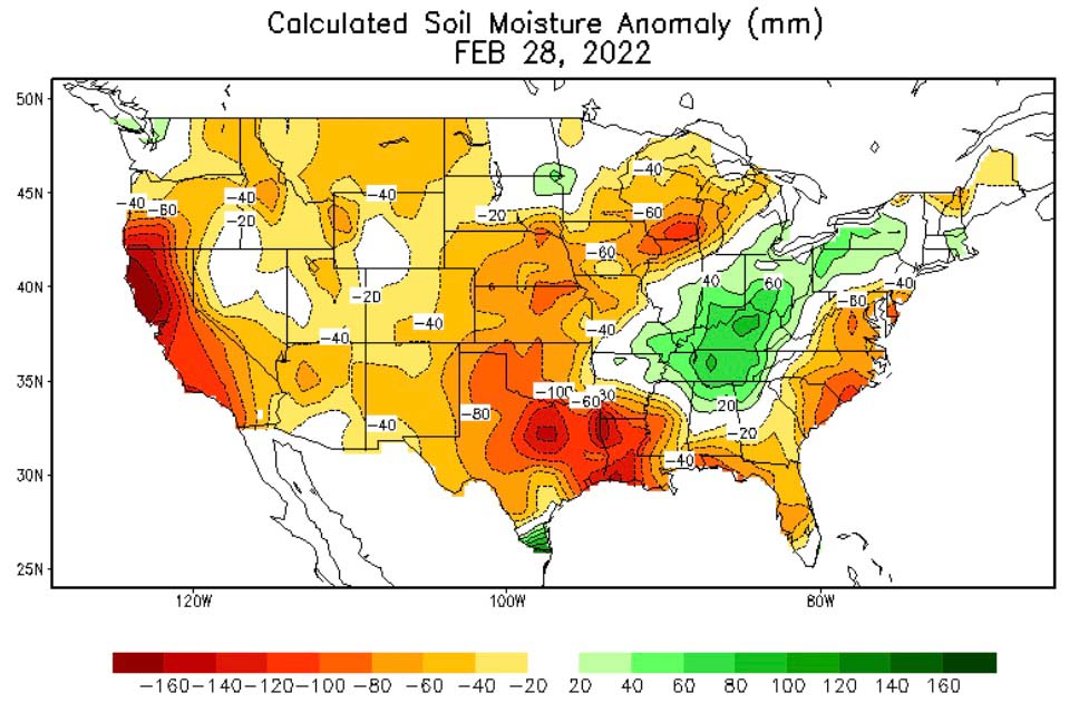 Soil moisture anomaly, Feb. 28, 2022
