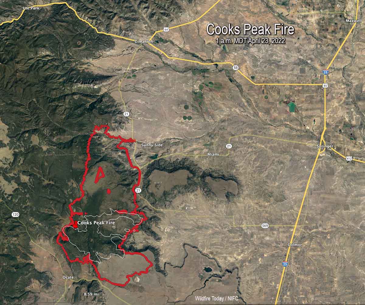 Map of the Cooks Peak Fire 1 a.m. MDT April 23, 2022