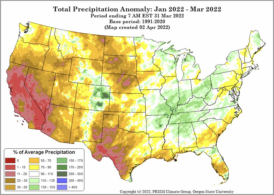 Precipitation anomaly Jan-Mar, 2022