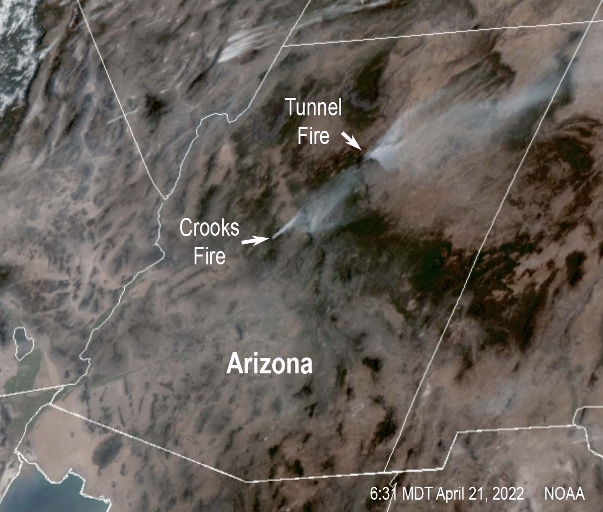 Satellite photo fires in Arizona, 6:31 p.m. MDT April 20, 2022
