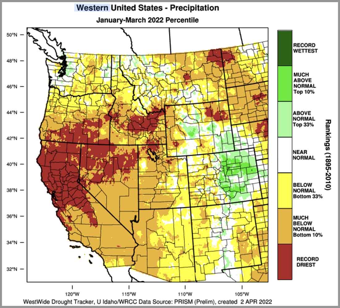 Western US precipitation, Jan-Mar, 2022 record setting dry drought