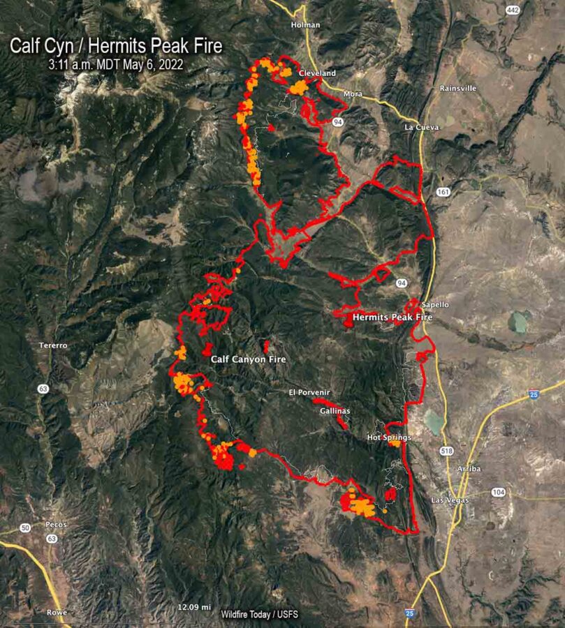 Map Calf Cyn - Hermits Peak Fire 3-11 a.m. MDT May 6, 2022 - Wildfire Today