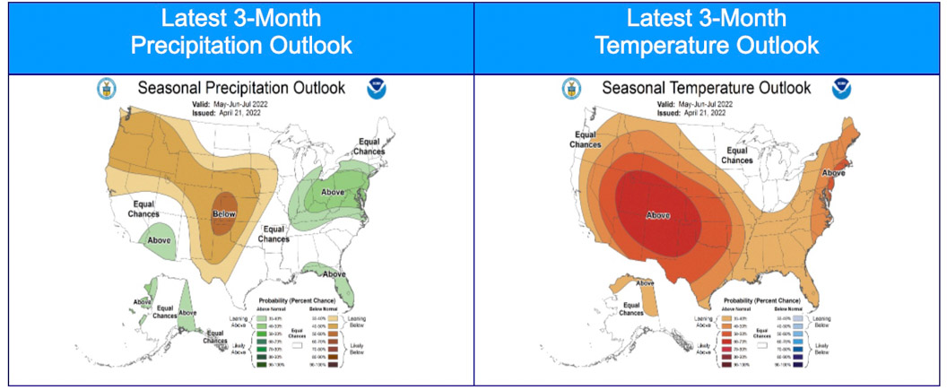 Three-month precipitation and temperature outlook, May through July, 2022