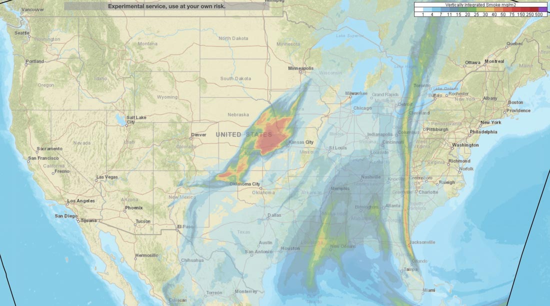 Wildfire smoke map, United States,, 11 a.m. MDT May 8, 2022