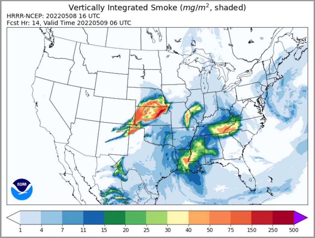 Wildfire smoke forecast, 1201 a.m. MDT May 9, 2022