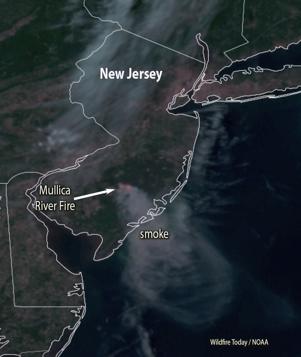 Satellite photo of smoke from the Mullica River fire in New Jersey