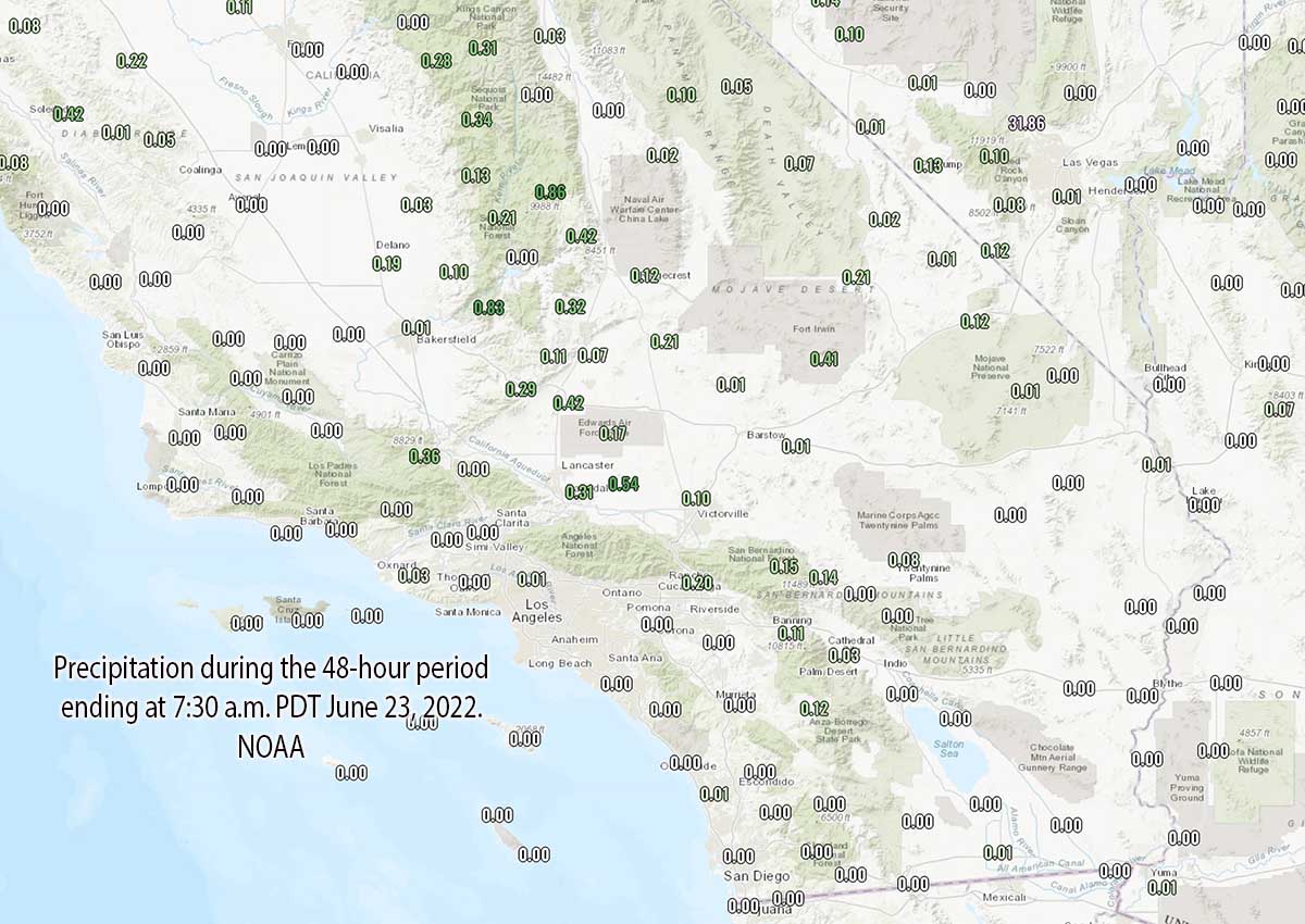 Rainfall, 48 hours, 730 a.m. June 23, 2022 Southern California