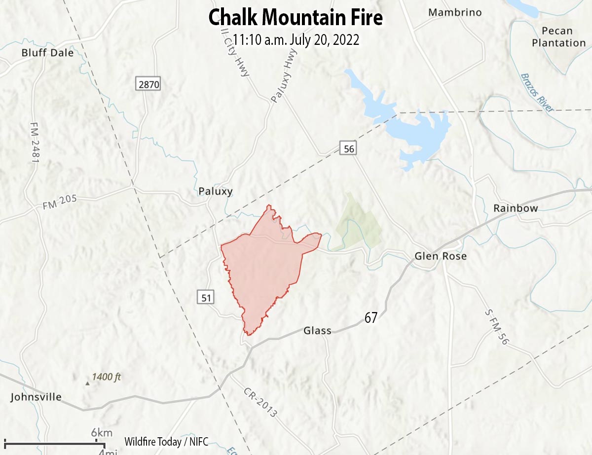 Map of Chalk Mountain Fire 11:10 a.m. July 20, 2022 texas