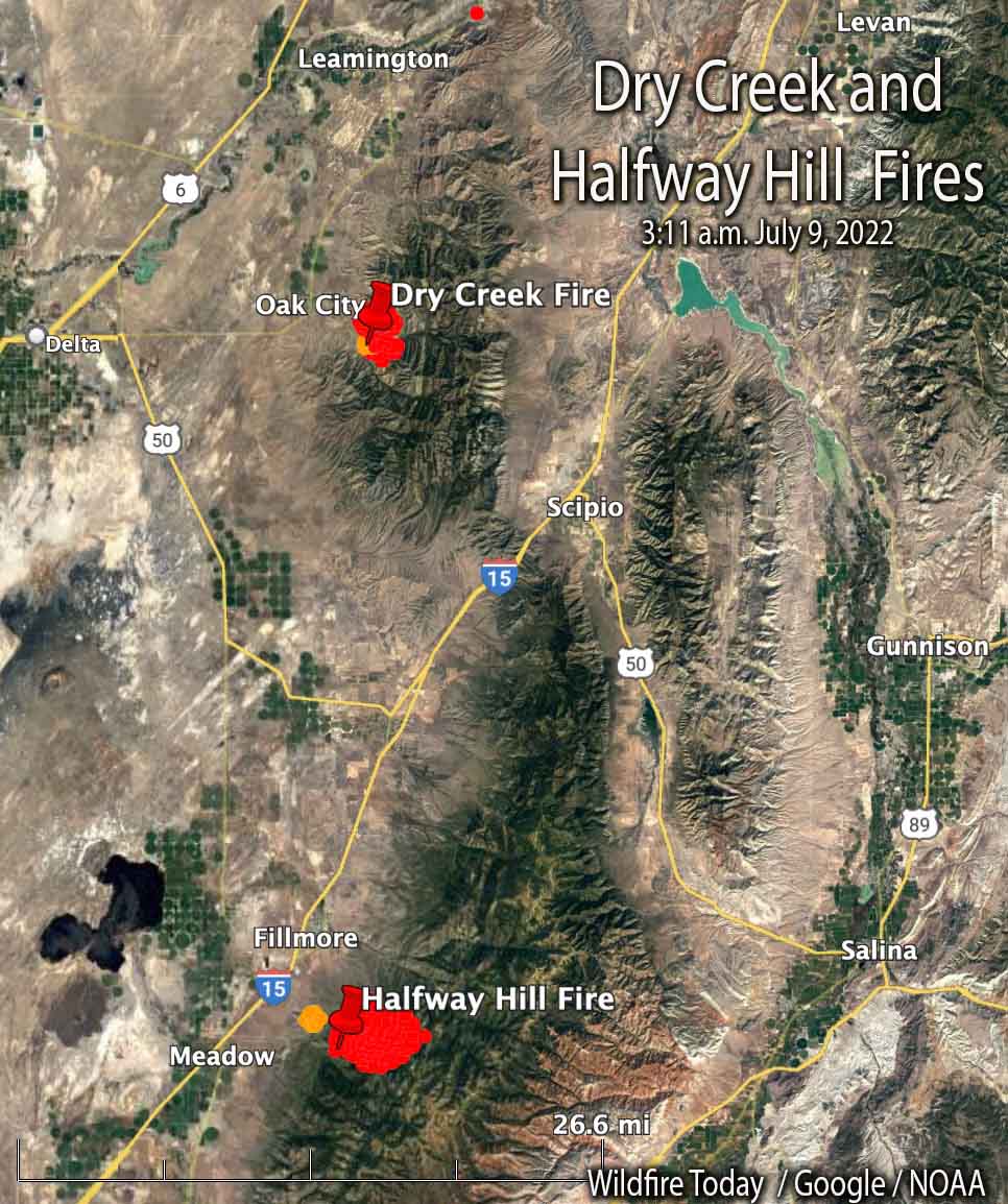 Map, Halfway Hill and Dry Creek Fires in central Utah