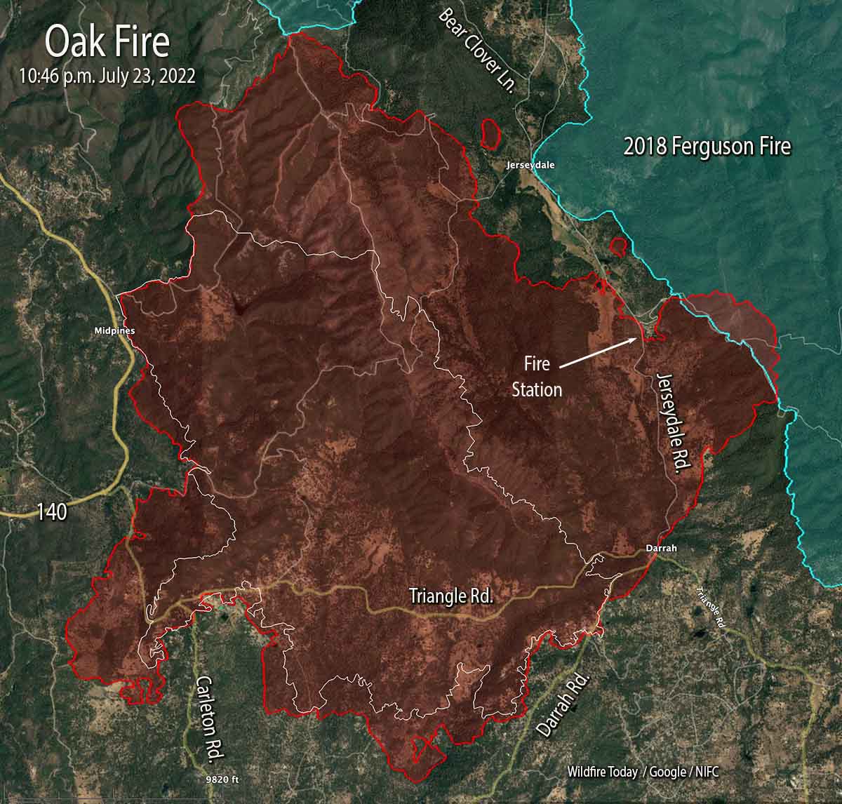 Oak Fire map 10:46 p.m. PDT July 23, 2022