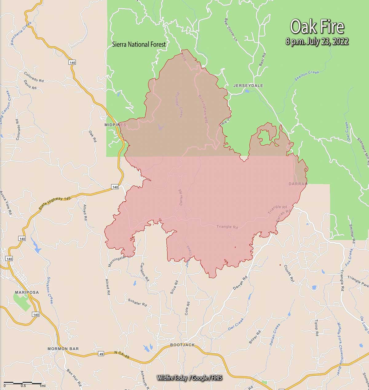 Map of the Oak Fire, 8 p.m. July 23, 2022