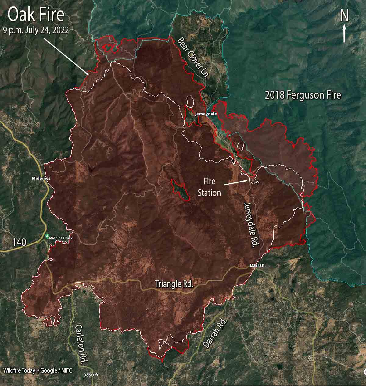 Oak Fire map 9 p.m. July 24, 2022