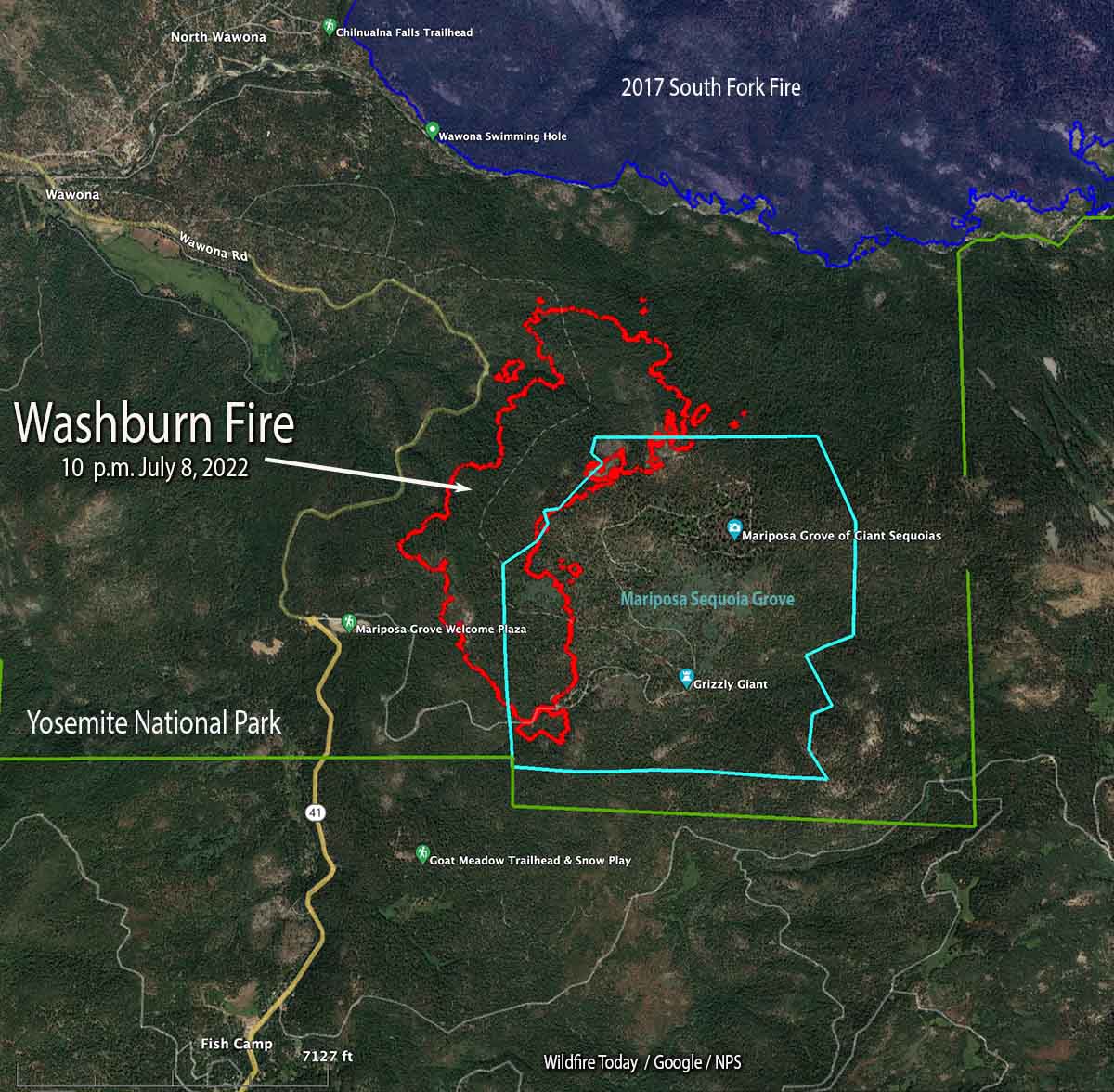 Map Washburn Fire Yosemite National Park 10 p.m. July 8, 2022
