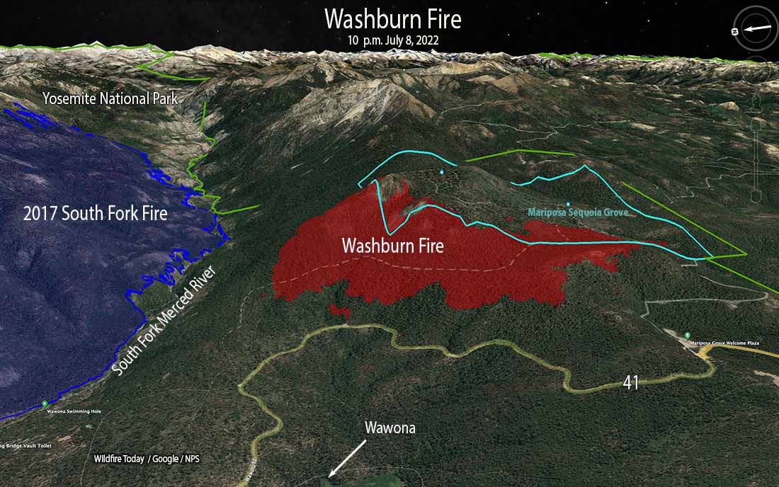 Map 3-D Washburn Fire Yosemite National Park 10 p.m. July 8, 2022