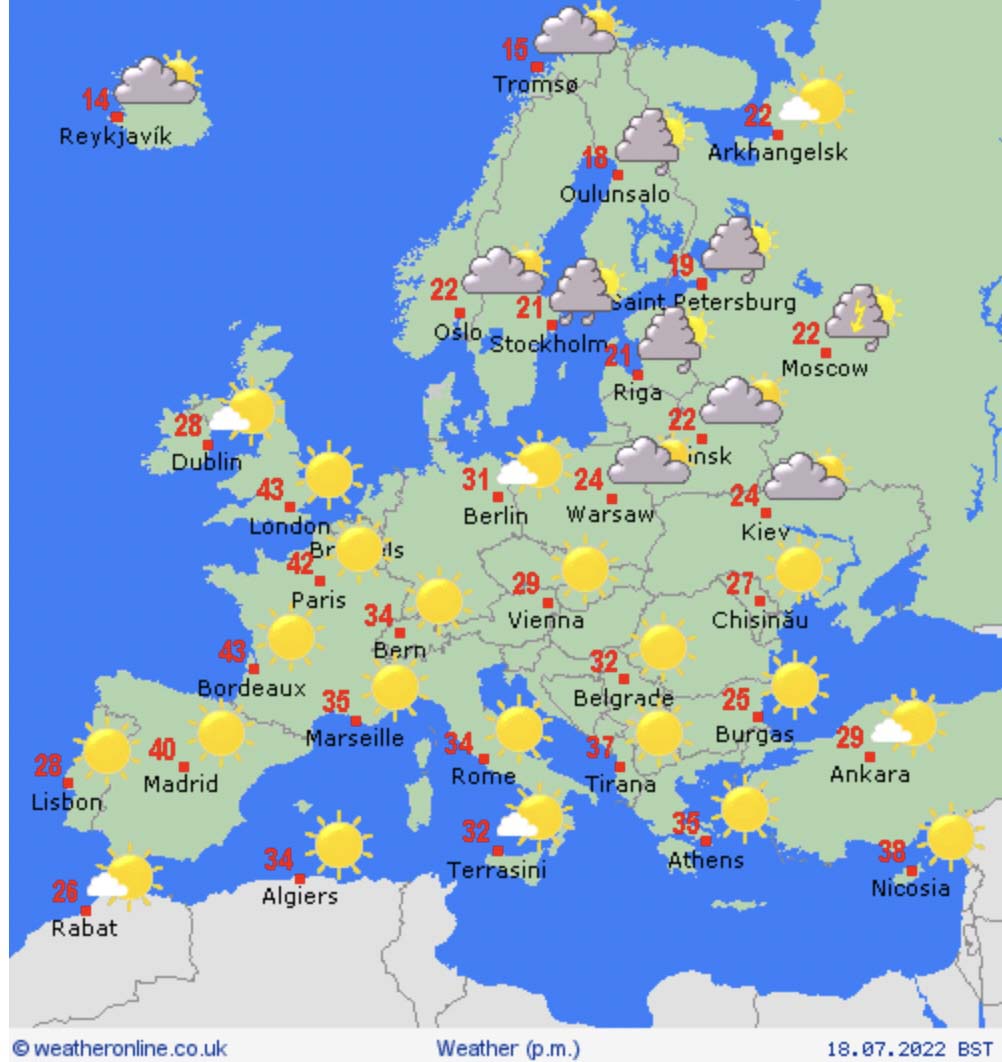 Weather forecast, Europe, for July 18, 2022