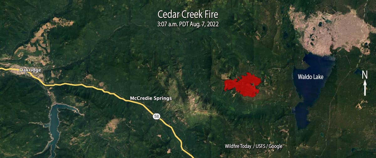 Cedar Creek Fire, mapped at 3:07 a.m. PDT Aug. 7, 2022