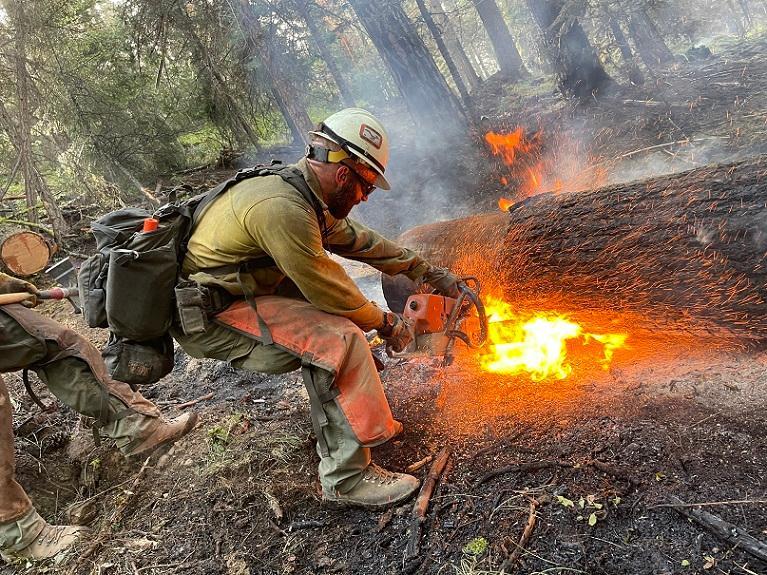 Firefighter bucks burning log