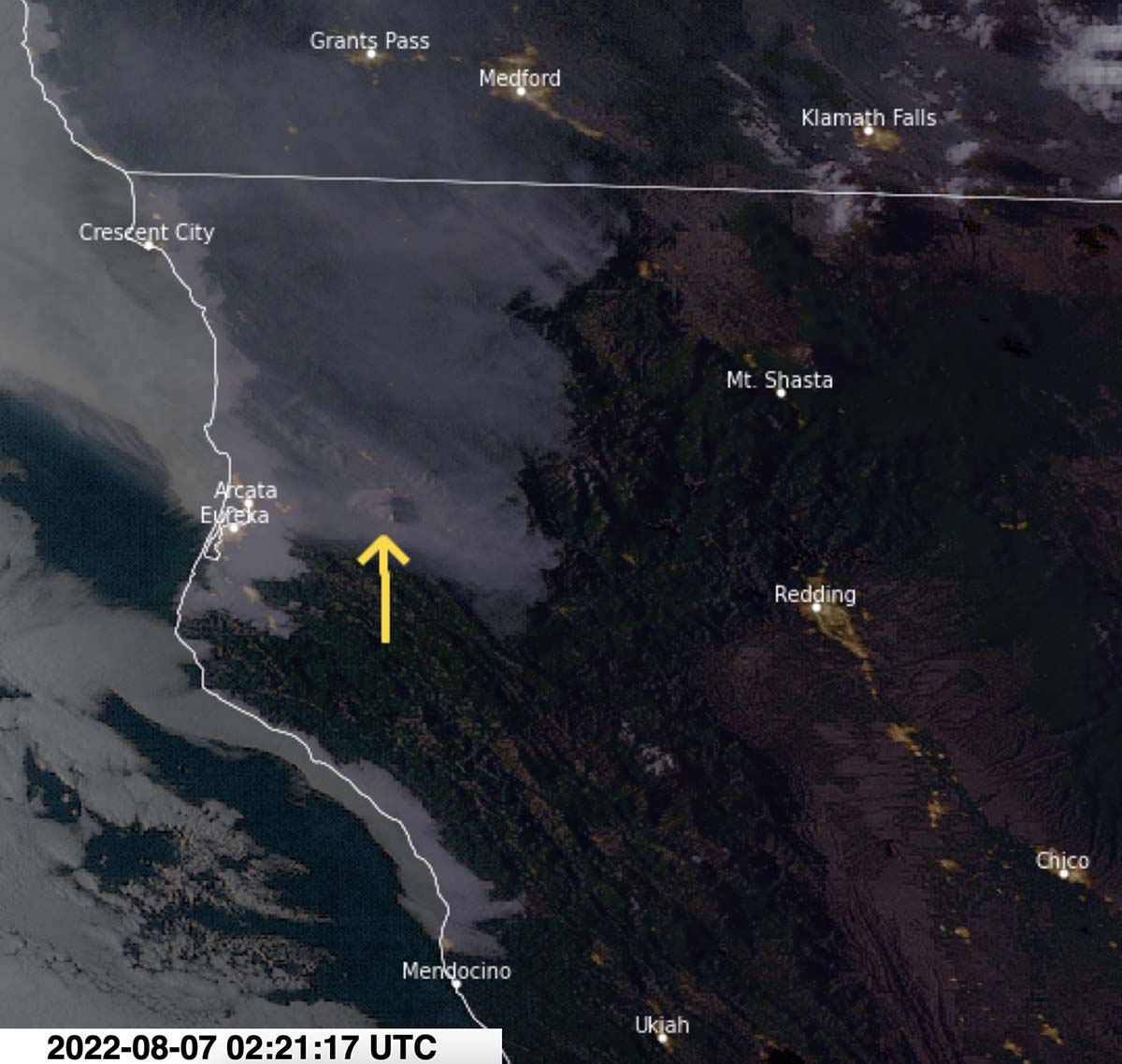 Satellite photo smoke from the Six Rivers Lightning Complex of fires