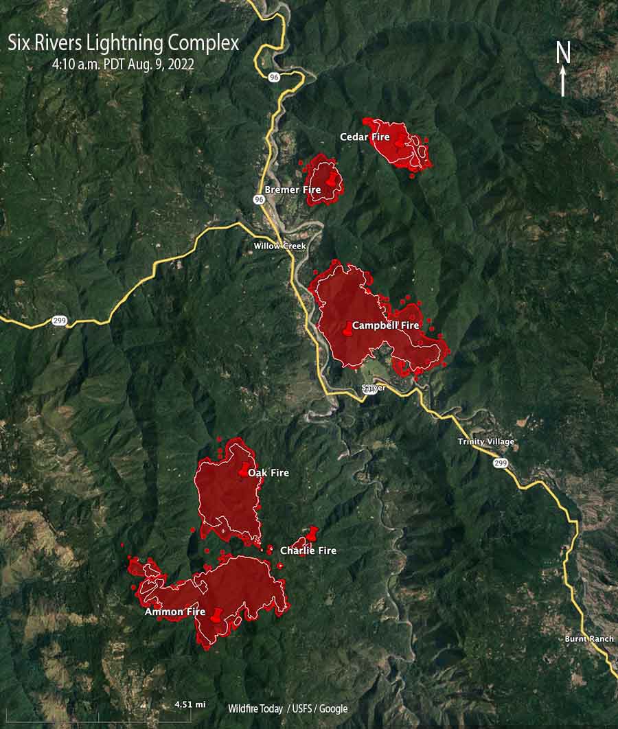Map of the Six Rivers Lightning Complex fires