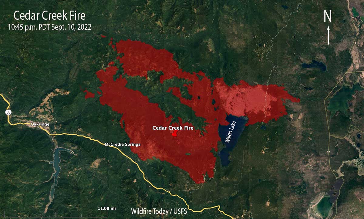 Cedar Creek Fire map, 10:45 p.m. Sept 10, 2022