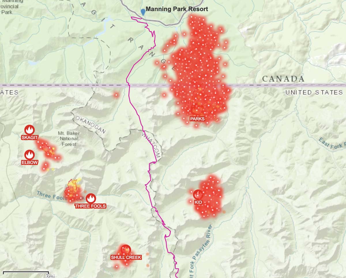 Fires near the northern terminus of the Pacific Crest Trail,