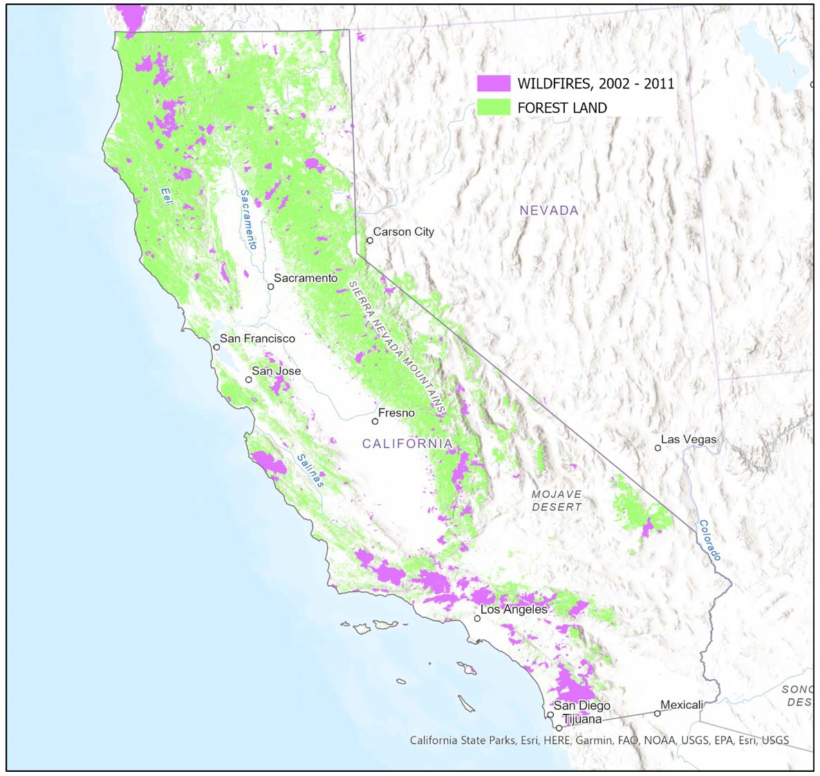 Map, California forestland and wildfires, 2002 - 2011