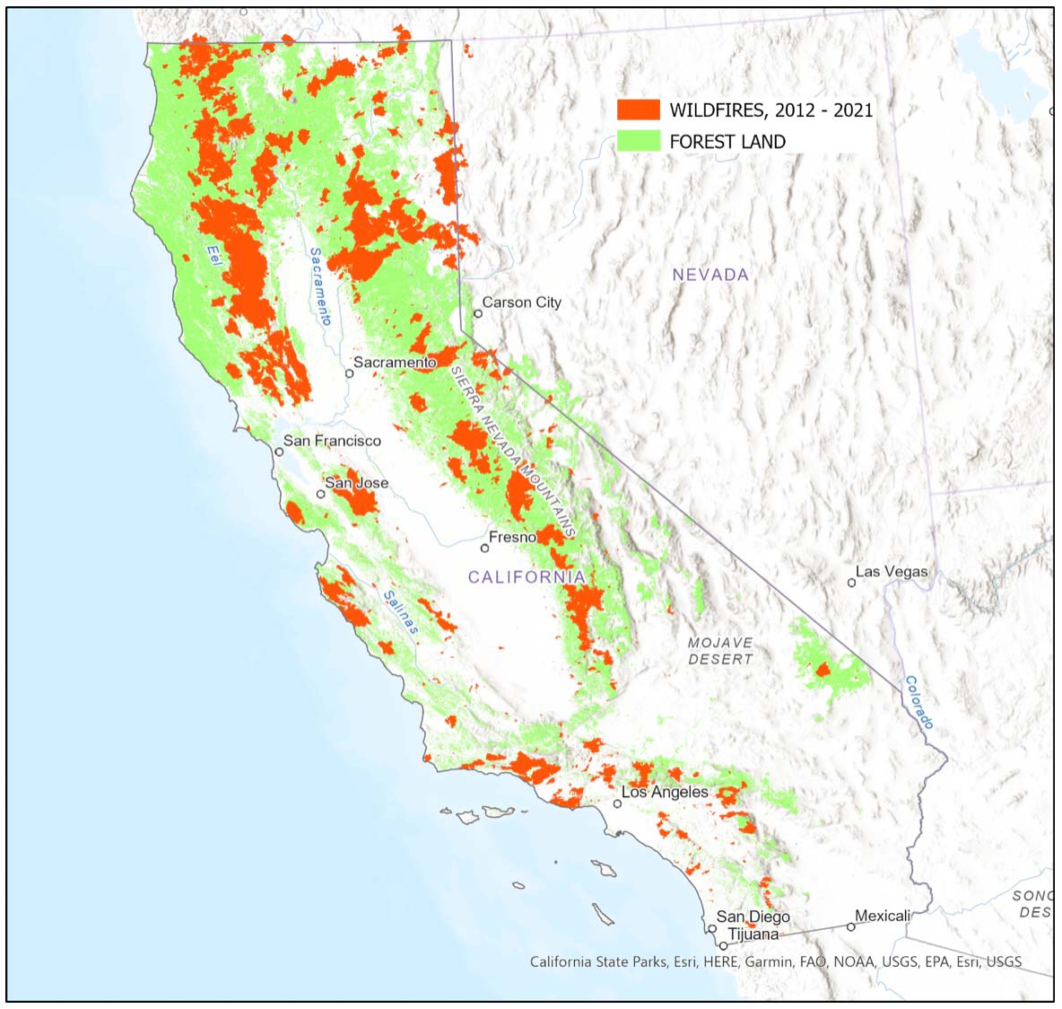 Map, California forestland and wildfires, 2012 - 2021