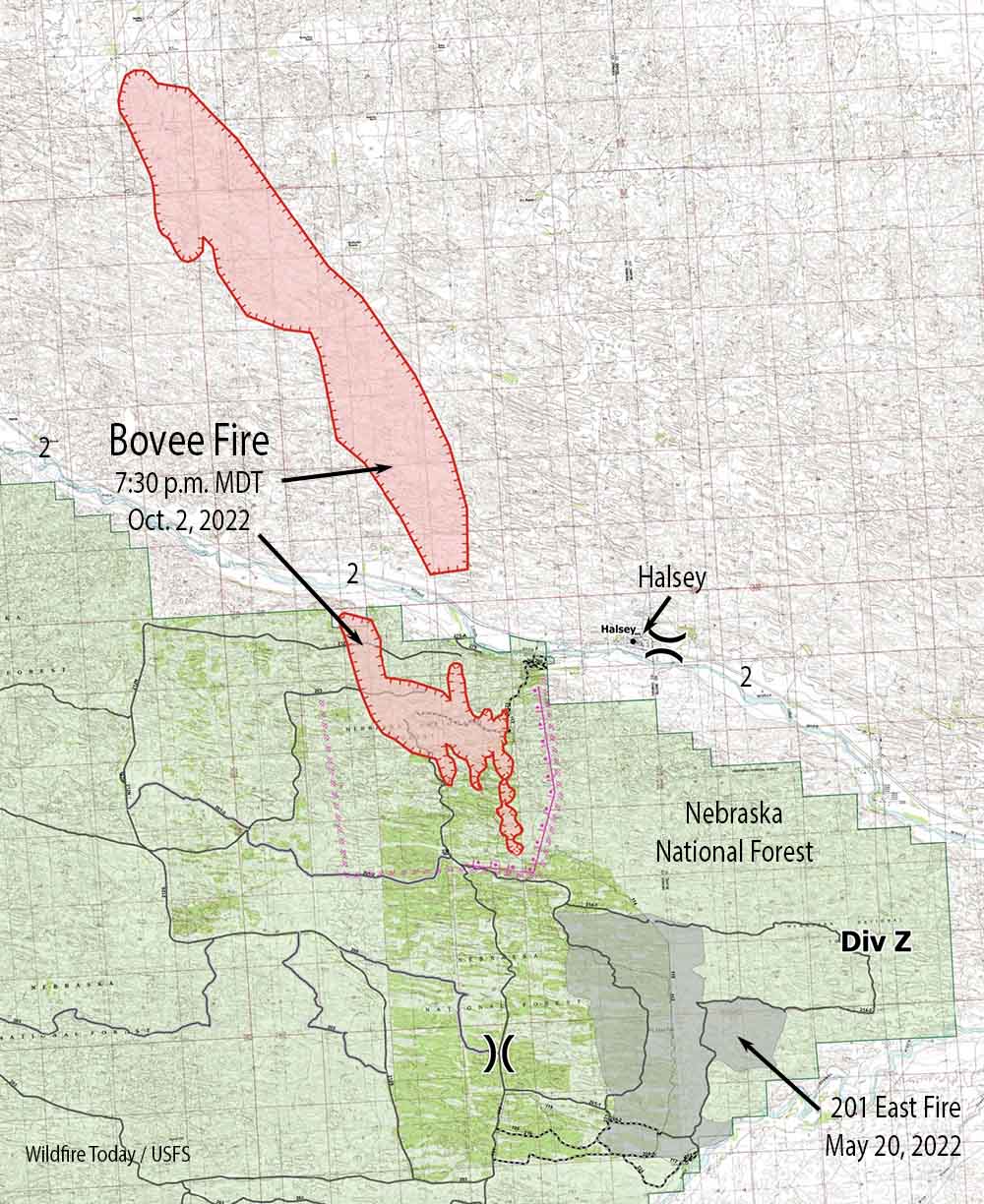 Map of Bovee Fire 7:30 p.m. October 2, 2022.