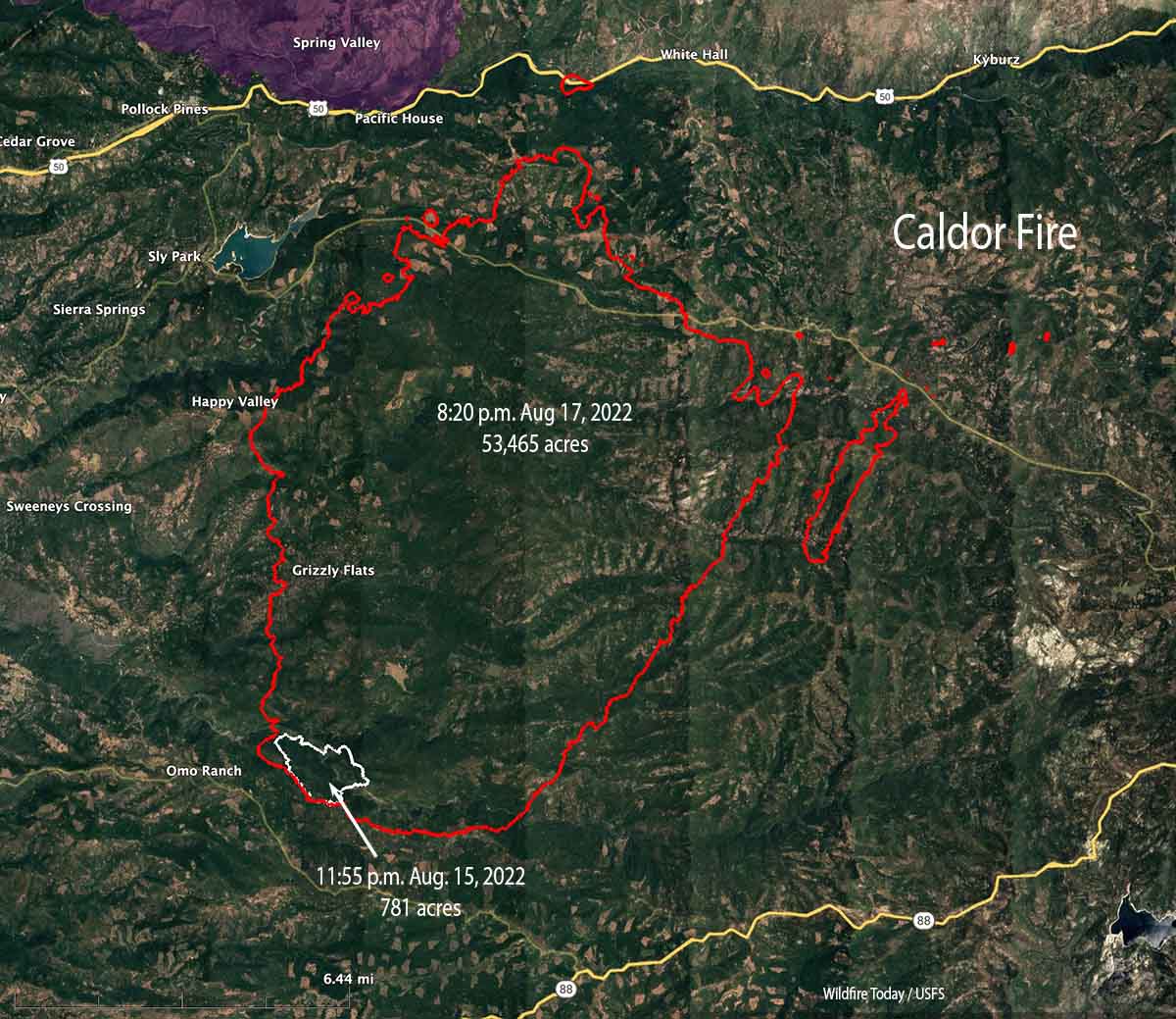 Caldor Fire map, Aug 15 & 17, 2021