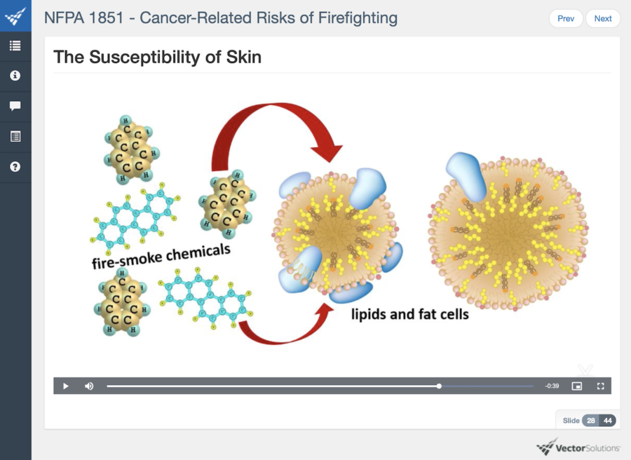 Skin exposed to carcinogens can lead to bioaccumulation in fat cells. Screenshot: NFPA 1851 Section training.