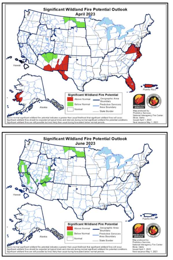 April-June 2023 maps NIFC Wildland Fire Potential Outlook