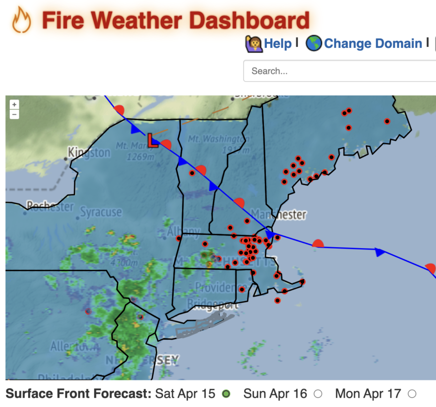 Fire Weather Dashboard, focused on the Northeast, for April 15, 2023.